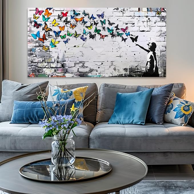 Colorful Graffiti Wall Art Funny Butterfly Paintings Banksy Street Art Mural Pop Art Home Office Wall Decor Framed Canvas Wall Decor for Living Room Ready to Hang -58x28in