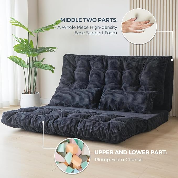 MAXYOYO Folding Sofa Bed, Tufted Bean Bag Bed with Pillows Floor Couch for Adults, Extra Thick and Long Floor Sofa, Full Floor Couch Bed for Bedroom Living Room, Black, 54x91 Inch