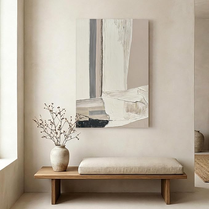 Modern Abstract Neutral Canvas Wall Art, Textured Painting for Living Room | Hand-Painted White Beige Gray Composition Artwork for Bedroom Office Hallways,Large Geometric Wall Decor Ready to Hang 24x36"