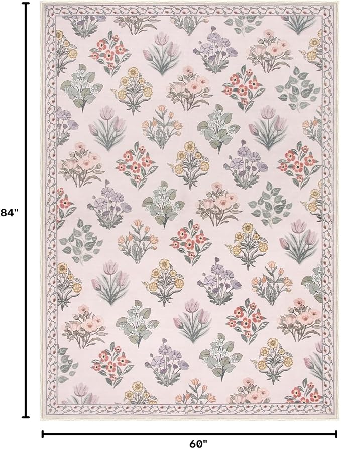 Wonnitar Pink Rugs for Bedroom Girls Nursery, Floral Print 5x7 Washable Rug, Boho Ultra-Thin Non Slip Soft Cozy Carpet for Room Decor Kids Playroom Office Living Room, Pale Pink