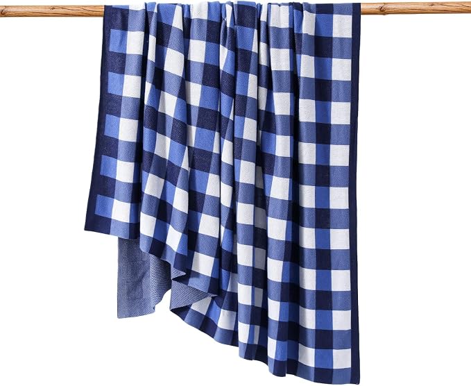 BOV Knit Checkered Throw Blanket - 100% Viscose Silky Super Soft Breathable Lightweight Decorative Throw Blanket for Chair Couch Sofa, Perfect Self Care Gifts for Women & Men, Cobalt Blue 50"x60"