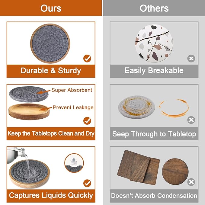 Eykao Coasters for Drinks Absorbent Sets of 8, Woven Coasters with Holder, Wood Coasters for Coffee Table, Housewarming Gift for Farmhouse Home Decor, 4 inches Gray
