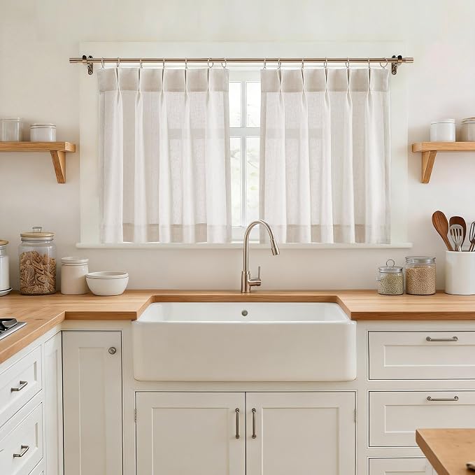 Vision Home Natural Linen Pinch Pleated Tier Curtains 24 inch, Semi Sheer Kitchen Curtains with Back Tab & Hooks, Light Filtering Small Window Panels for Bathroom Laundry, 25" Wx24 Lx2