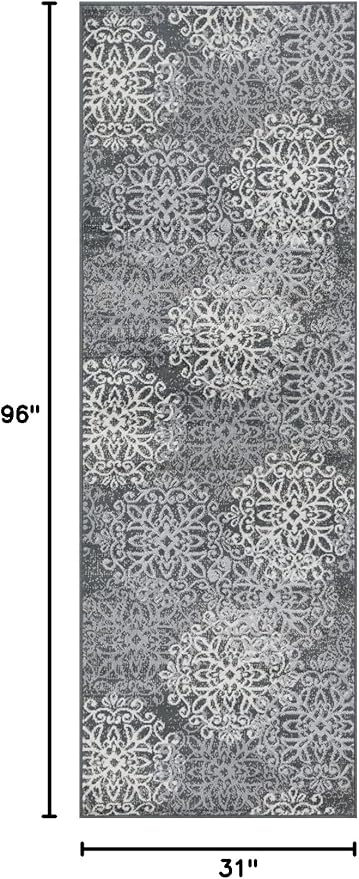 Superior Indoor Runner Rug, Jute Backed, Perfect for Entryway, Office, Living/Dining Room, Bedroom, Kitchen, Hardwood Floor, Floral Scroll Decor, Leigh Collection, 2' 7" x 8', Slate