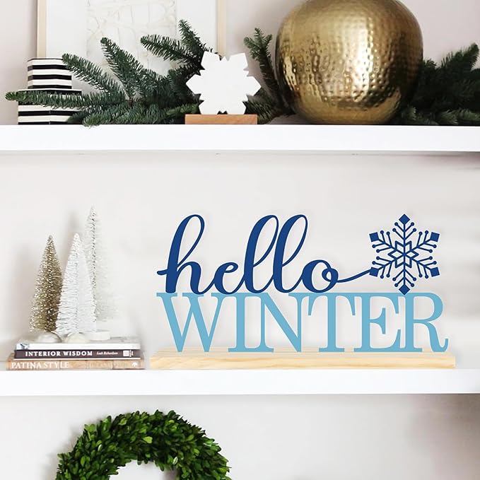 COCHIE Metal Hello Winter Sign, Snowflake Table Centerpieces Decorations for Home, Office, Shelf, Mantel, Indoor, Navy Blue Party Decor Supplies (Winter)