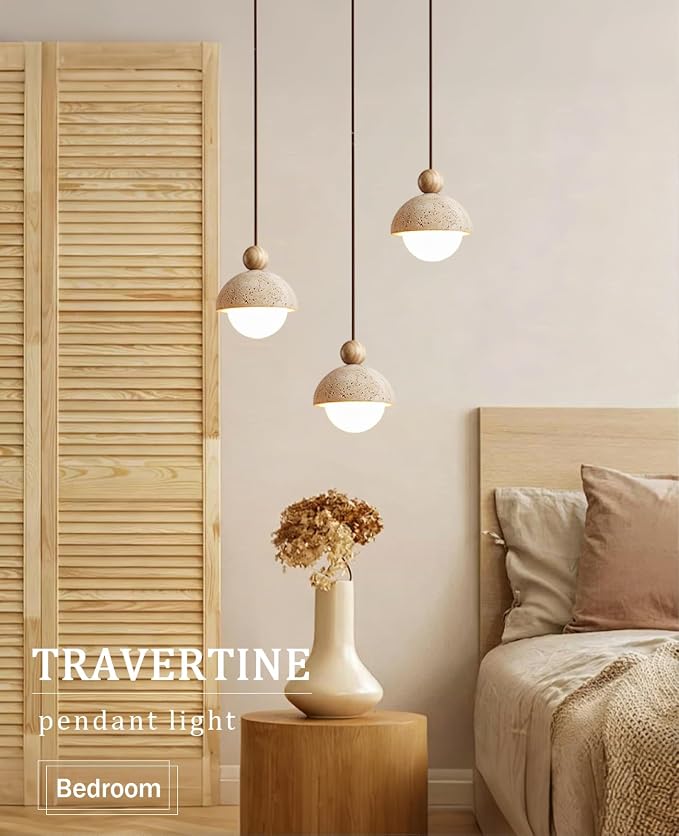 Yellow Travertine Pendant Light Spherical Wabi Sabi Pendant Light Fixture Natural Stone Retro Japanese Style Vintage Mini Wood Nordic Hanging Light for Kitchen Island Bedroom Hallway Bedside (2PCS)