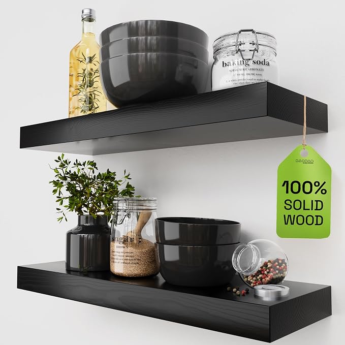 Solid Wood Floating Shelves for Wall 20 Inch Black, Wooden Bathroom Shelf | Real Wood, Heavy-Duty, Wall Mounted, Bedroom Kitchen Living Room, Rustic, Black Finish, 20W x 6.7D, Set of 2