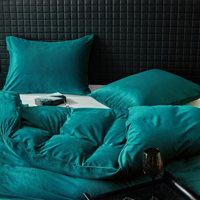 WARMDERN Teal Blue Flannel Velvet Duvet Cover Queen Size Duvet Cover Bedding Sets, 3pcs Ultra Soft Luxury Textured Modern Crystal Velvet Duvet Covers with Zipper Closure(Teal Blue, Queen)