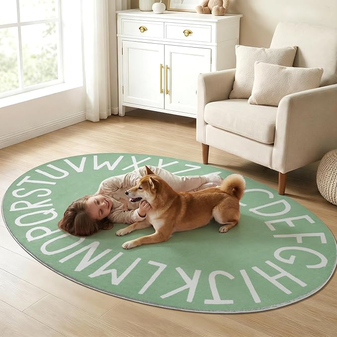 Topotdor Oval Kids Play Rug Alphabet Nursery Area Rug Extra Large Soft Crawling Play Mat for Children Toddlers Bedroom (47x70 inch, Sage Green)