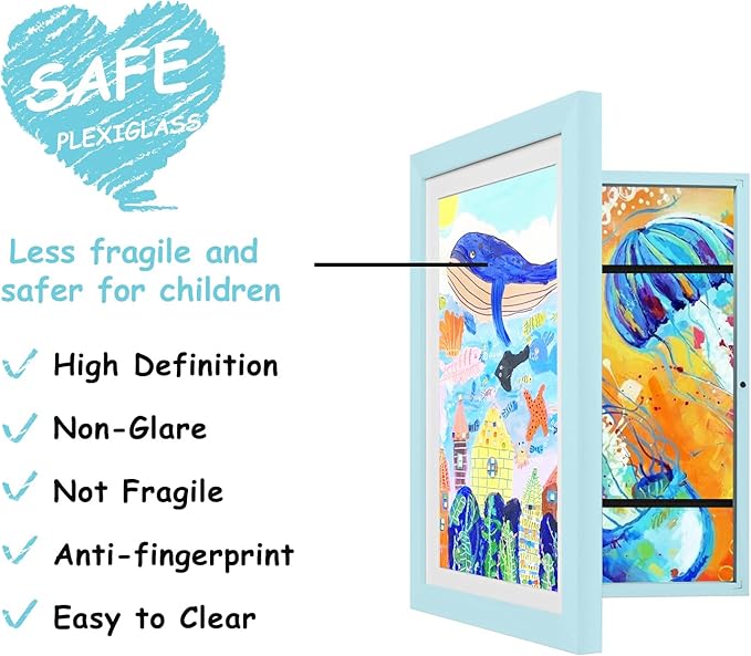 KINLINK 8.5x11 Kids Art Frame Set of 2, Solid Wood Kids Artwork Frames Changeable with Front Opening Hold 150 Pictures, Art Frames for Kids Art with Mat，without Mat 8.5x11 Picture Frame Light Blue