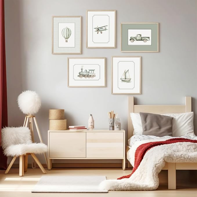 Sage Green Nursery Wall Art Boys Room Canvas Poster Kids Wall Decor Vintage Vehicle Prints Baby Toddler Pictures Transportation Plane Painting Train Truck Artwork for Bedroom 12x16 Inch Wood Framed