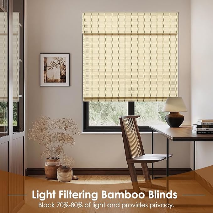 Cordless Bamboo Roman Shades, Light Filtering Bamboo Blinds Shades for Indoor Windows, UV Protection Roll Up Blinds for Home, Office, 26" W x 64" H, Beige