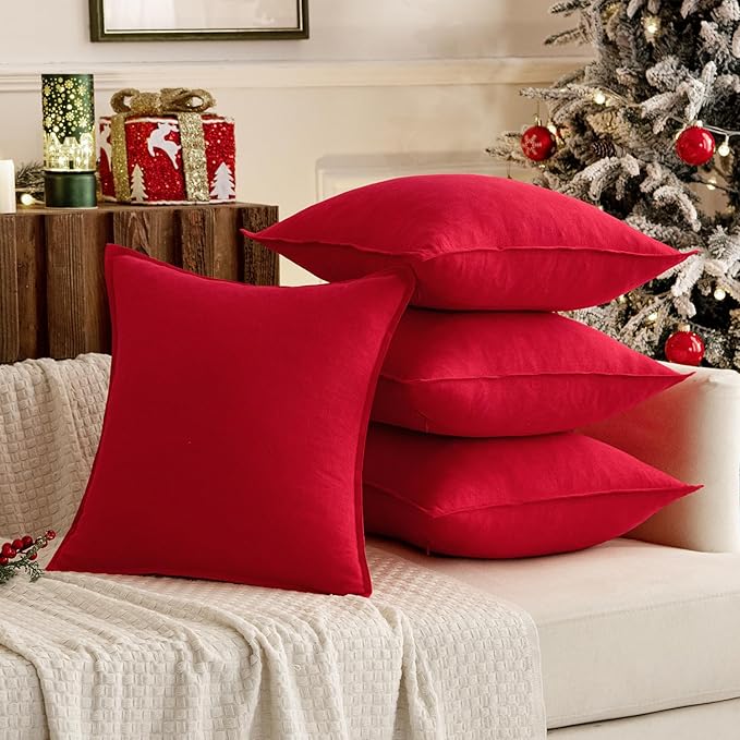 MIULEE Decorative Linen Pillow Covers 20x20 Inch Red Boho Farmhouse Neutral Couch Throw Pillows for Bed Pack of 2 Accent Modern Pillowcase Sofa Livingroom Home Decor