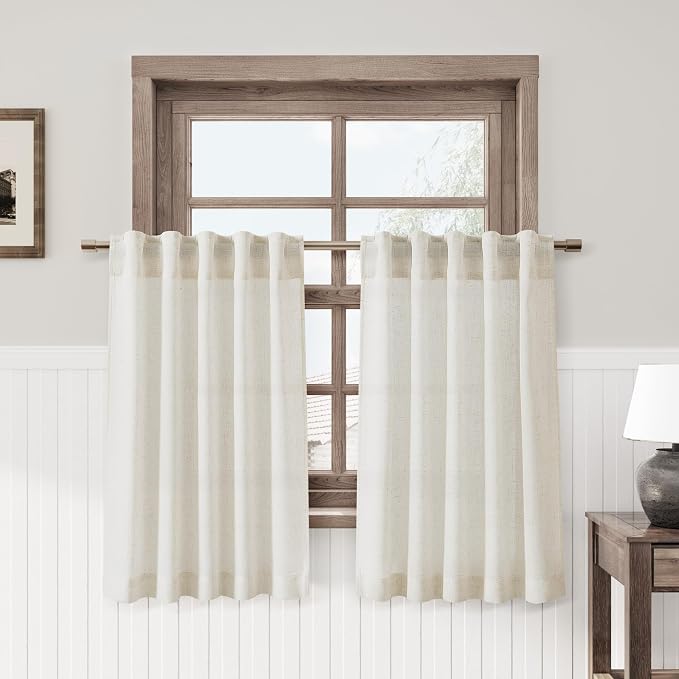 Nanspring Vintage Linen Kitchen Curtains 24 Inch Length Short Tier for Small Windows Light Filtering Flax Drapes with Back Tab Rod Pocket Cream Semi Sheer Privacy for Bathroom 2 Panels 34Wx24L