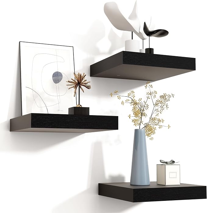 Venusmiles 8"x8" Square Floating Shelves for Wall, Black Finish, 3-Pack | Engineered Wood Wall Shelves with Invisible Brackets for Living Room, Bedroom, Bathroom, Office & Kitchen Storage
