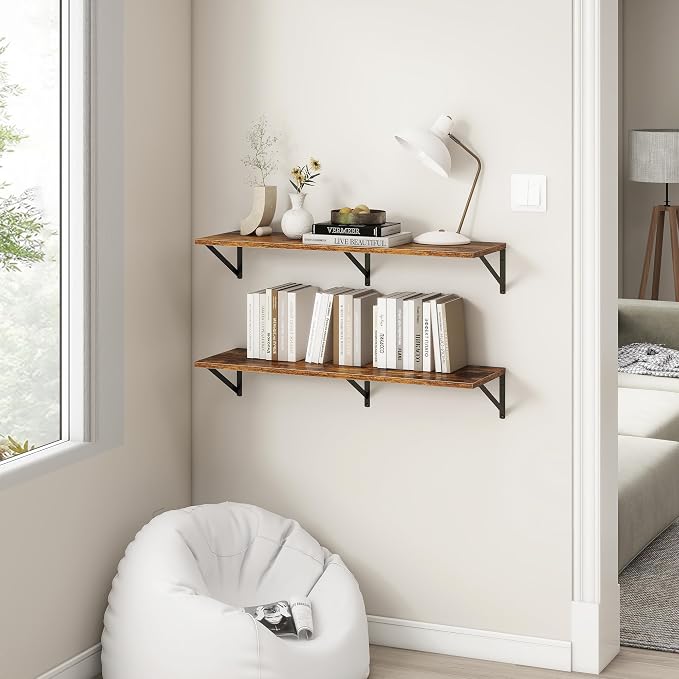 Fun Memories 40 Inch Floating Shelves, 12 Inch Deep Wall Shelf, 40 x 12 Floating Shelf Set of 2, Wood Floating Shelf Wall Mounted, Large Kitchen Living Room Bedroom Storage Shelves, Walnut