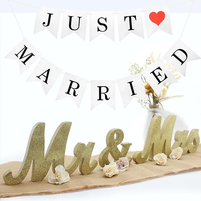 Mr & Mrs Sign for Wedding Table, Just Married Banner, Wedding Decoration Items, Head Table Wood Letter, Anniversary Party Valentine's Day Vintage Decor (Golden W/Banner)