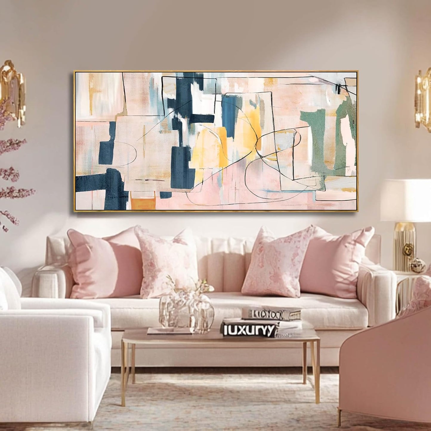 Pink Wall Art Abstract Wall Decorations Navy Blue Artwork Wall Pictures for Living Room Framed Wall Decor 24"x48"