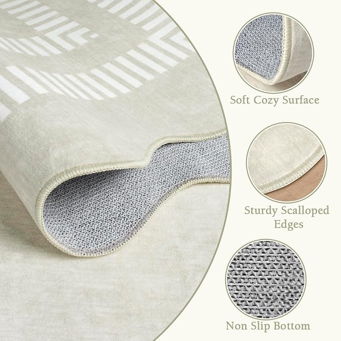 Washable Runner Rug 2.6x8 Kitchen Hallway Scalloped Rugs, Non Skid Stain-Resistant Indoor Rug Soft Entryway Carpet Runner for Bathroom Laundry Room