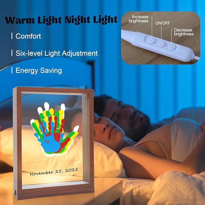 Bixinyo Family Handprint Kit with Light, Baby Hand and Footprint Keepsake Wooden Frame, Family Gifts for Mom, New Parents, Mother's Day, Adoption Gifts, 5 Non-Toxic Paints (Light, Maroon)