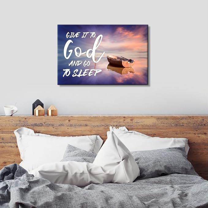 Give it to God and Go to Sleep Sign Wall Decor Master Bedroom Above Bed Christian Wall Art Beach Picture for Living Room Home Decorations Scripture Canvas Painting Wood Framed Modern Artwork 20x30''