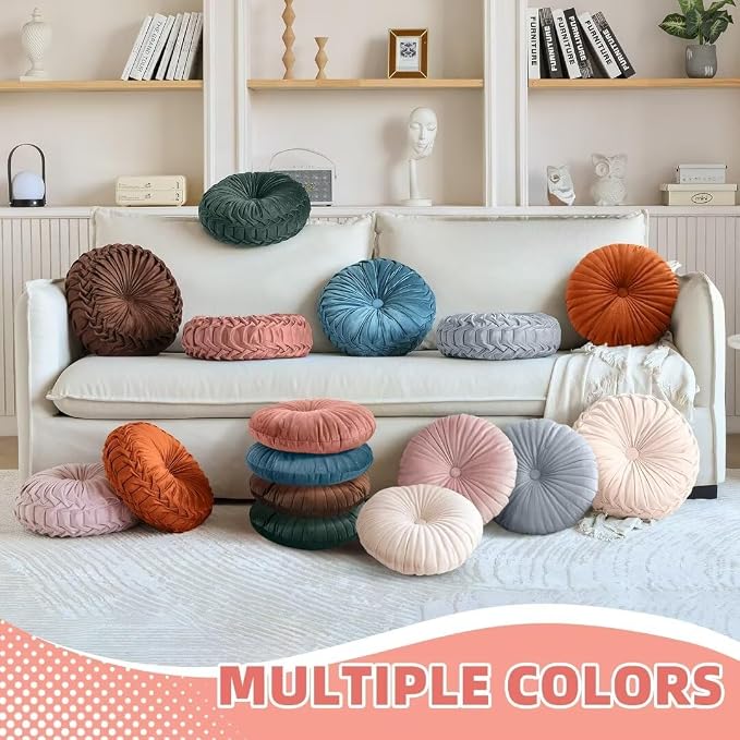 Teieas 2 Pcs Round Throw Pillows Pleated Velvet Pumpkin Round Pillows Floor Cushion for Living Room Couch Chair Bed Sofa 15.7"x15.7"/13.8" x 13.8" (Beige)