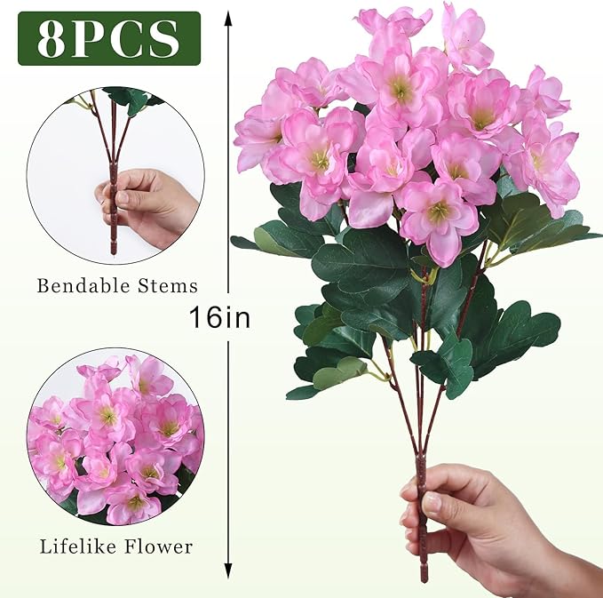 YXZZWL 8 Bundles Artificial Flowers for Front Door, Fake Silk Azalea Bouquet Silk Flowers for Outside UV Resistant Realistic Faux Plants for Planter Farmhouse Patio Garden Walkways Home Decor (Pink)