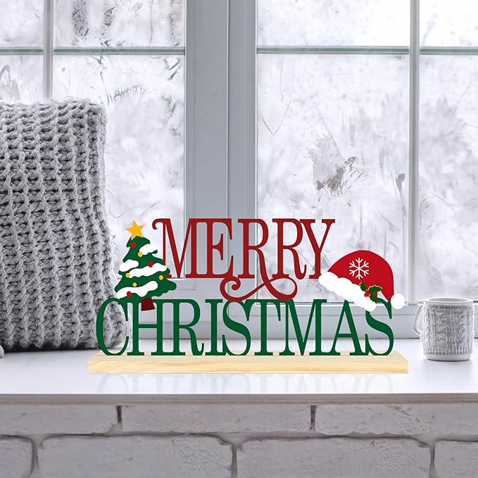 COCHIE Metal Merry Christmas Sign, Christmas Tree Table Centerpieces Decorations for Home, Office, Shelf, Mantel, Indoor, Xmas Red and Green Party Decor Supplies (XMAS A)