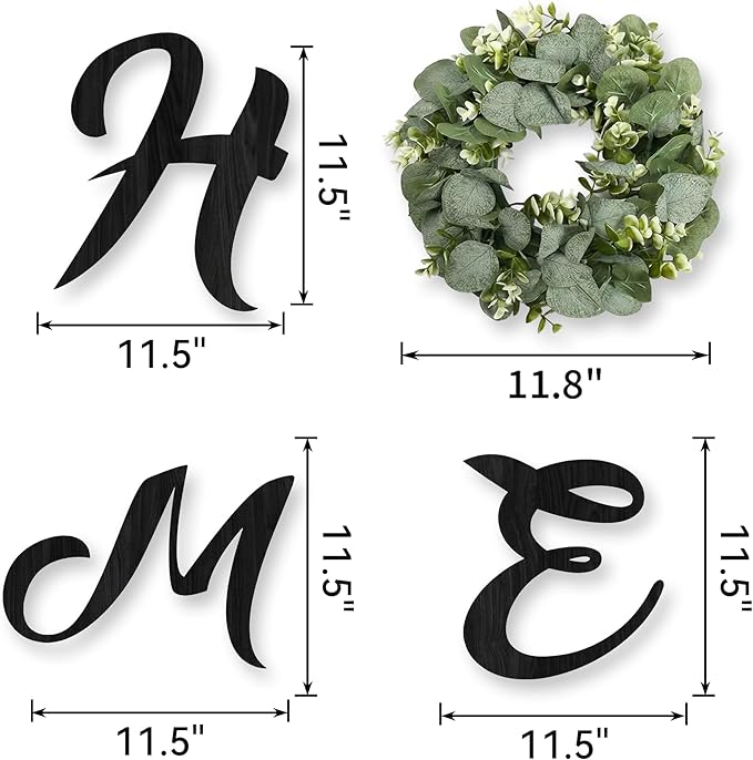 Pinkpum Wood Home Sign with Artificial Eucalyptus Wreath for O, Hanging Farmhouse Wall House Decor Wood Letters for Wall Art Rustic Home Decor, Wall Decor for Living Room Kitchen Entryway (Black)