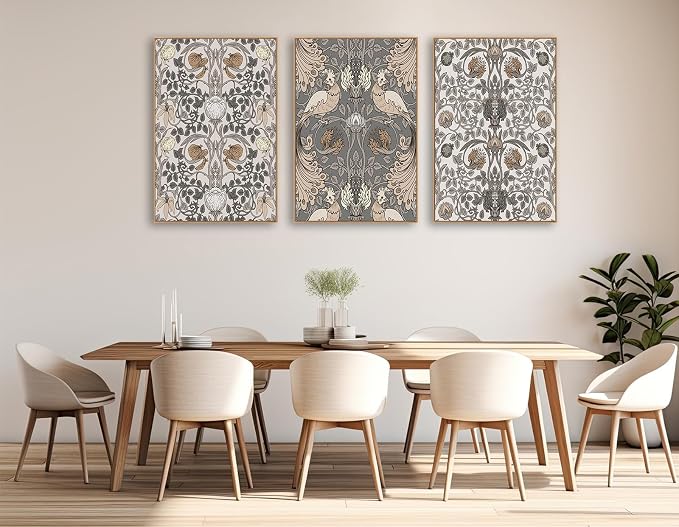 Large Retro Framed Wall Art - Natural Float Framed Vintage Flowers Canvas William Morris Painting Pictures Rustic Floral Pattern Prints Artwork for Living Room Bedroom Office Decor 72" X 36" Set of 3