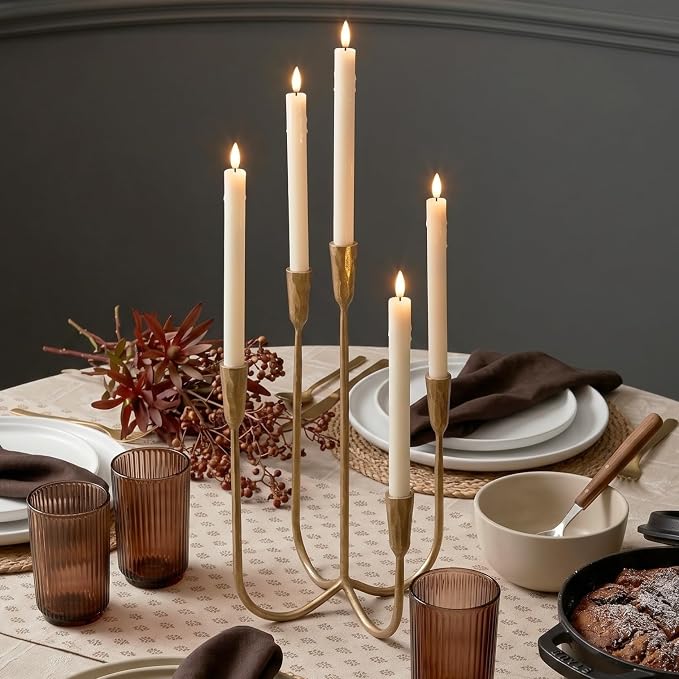 Denique 5-Arm Cast Iron Candelabra with LED Flameless Taper Candles and Remote, Tall Metal Vintage Candle Holder Centerpiece for Dining Table, Wedding and Event Decor, Gold