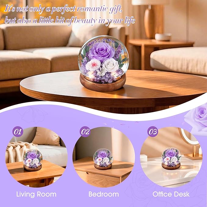 FIACO Gifts for Mom Birthday Gifts Women Preserved Flowers in Glass Dome Forever Flowers for Delivery Prime Purple Eternal Roses Mothers Day Birthday for Grandma Sister Daughter Wife Her Girlfriend