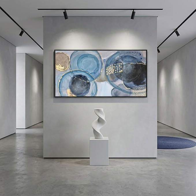 YDYSUNE Blue Abstract Wall Art for Living Room,Large Framed Canvas Wall Decor for Office,Modern Minimalist Geometric Circle Painting Print,Room Artwork Decoration Ready to Hang Size 29x58 Inches