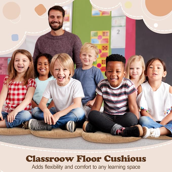Fumete 8 Pcs 16 Inch Floor Cushions Pillow for Kids Bulk Classroom Round Flexible Seating Floor Cushions for Students Home Daycare School Reading Corner Yoga Meditation Picnic (Flax)