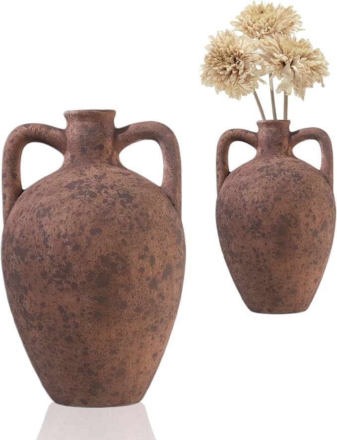 UPWOIGH 11.8in Terracotta Vase with Handles | Rustic Brown Finish, Distressed Ceramic Texture, Amphora Style, Pampas Grass Display, Mediterranean Farmhouse Décor