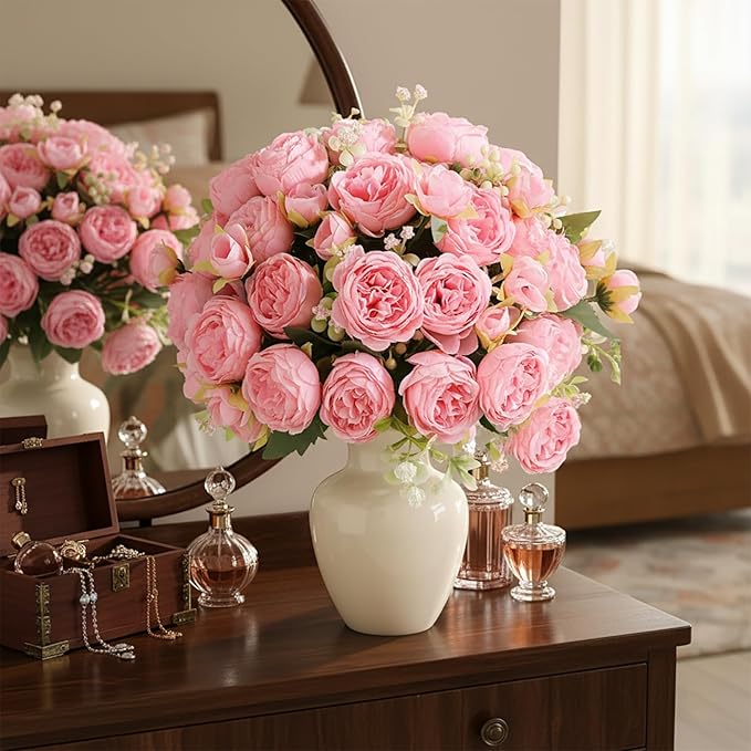 Peonies Artificial Flowers 12 Bundles Pink Flowers Bouquet, Lifelike Silk Fake Peonies with Stems for Home Table Centerpieces, Wedding, Party & DIY Bridal Floral Arrangements (Light Pink)
