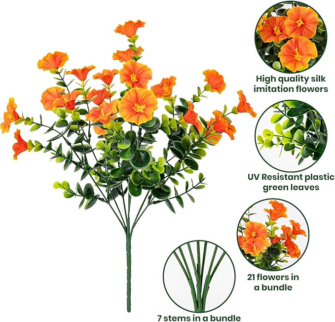 Nigirior Artificial Faux Flowers for Outdoor 16 Bundles Boxwood Fake Morning Glory for Planter,UV Resistant Fake Flowers for Home Porch Patio Outside（Orange）