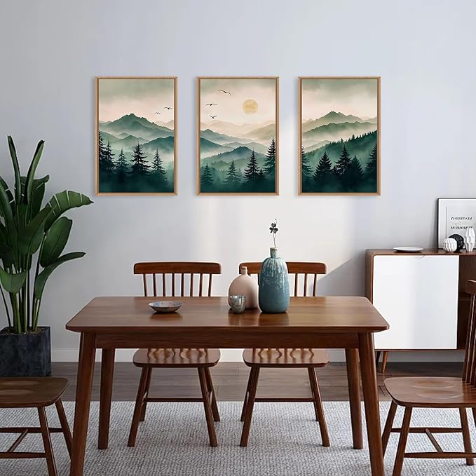 Large Boho Mountain Framed Canvas Wall Art Set 16"x24"x3 | Misty Forest Landscape Neutral Pine Tree Nature Sunrise Art Prints Living Room Bedroom Dining Room Office