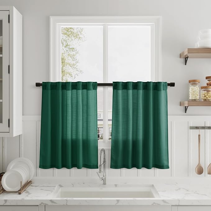 Dark Green Kitchen Linen Curtains 36 Inch Length 2 Pack Privacy Light Filtering Linen Short Drapes with Rod Pocket Back Tab for Small Windows Cafe Bathroom Mediterranean Style Laundry Room 36Wx36L