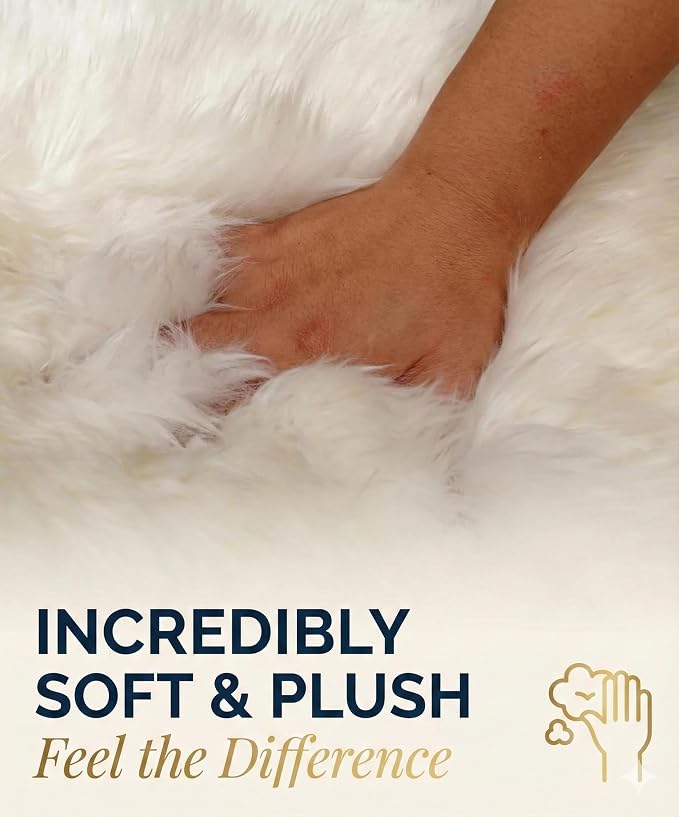 Woolous Sheepskin Rug, Genuine Sheep Skin Chair Throw 2x3 ft Ivory | Natural lambskin pelt with fluffy wool texture. Ideal as area rug, chair throw, bedroom or living room decor.