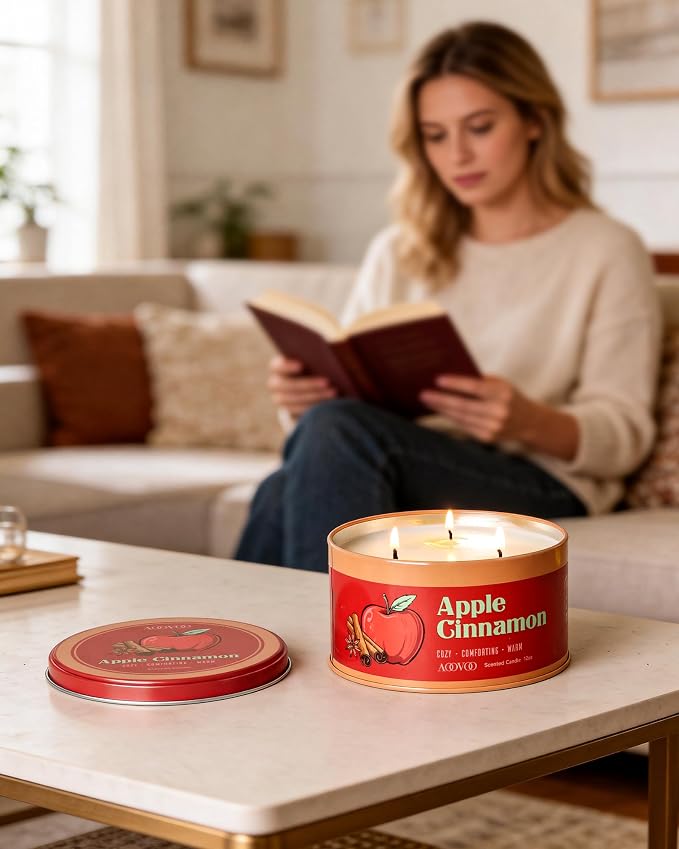 AOOVOO Apple Cinnamon Candle - 3 Wick 12oz Large Fall Candles, Soy Wax Strong Scented Candle Non Toxic, Long Lasting Aromatherapy Candle for Home, Autumn Candle Gift for Women Men