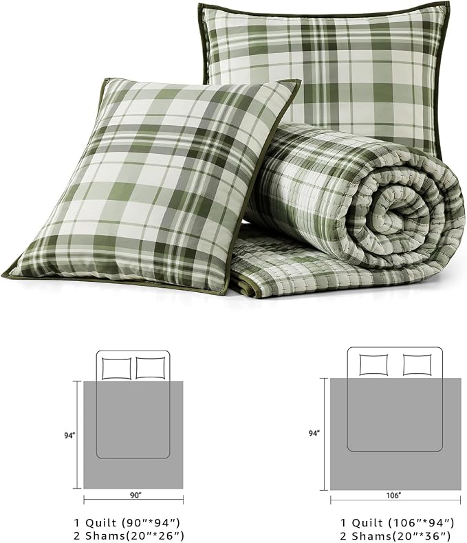 WRENSONGE Plaid Twin Quilt-2 Pieces Lightweight Bedspread Olive Green Quilt Twin Size Quilt Bedding Set for All Seasons, Soft Summer Reversible Neutral Coverlet with 1 Pillow Sham