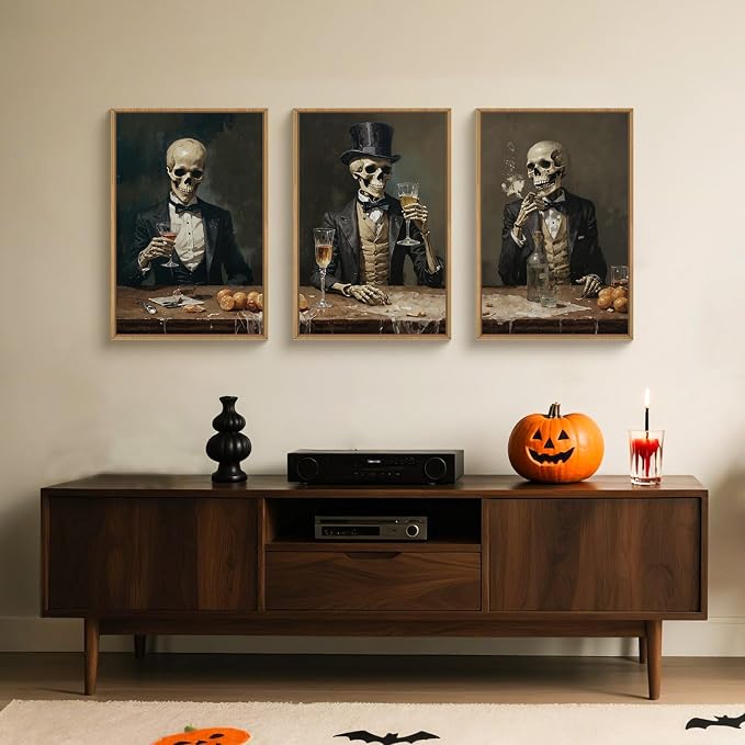 FWIEXA Halloween Skeleton Canvas Wall Art Set of 3, Gothic Skull Framed Painting Artwork, Dark Reaper Prints, Creepy Spooky Decor 24x36In for Party, Bar, Gift, Living Room, Bedroom