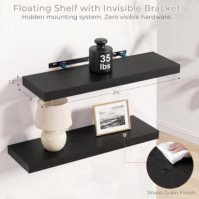 Vivelove Black Floating Shelves for Wall with Invisible Brackets, 24 Inch Floating Shelves for Bedroom Bathroom Living Room Kitchen Office, 24”X 8" X 1.4", Set of 2 - Black