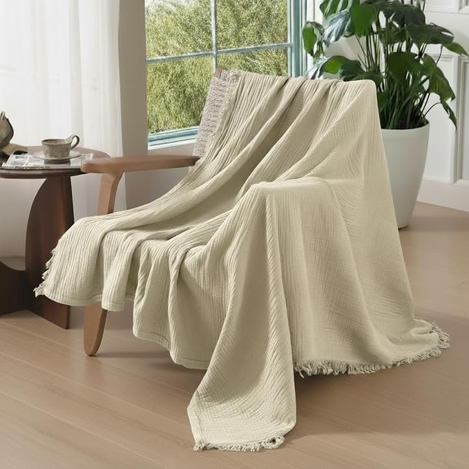 KyraHome 100% Organic Cotton 90"x104" King Size Muslin Blankets for Adults, Couch, Pre-Washed Plant Dyed, Breathable Cozy Gauze Bed Blanket, All Season (Oatmeal Khaki)