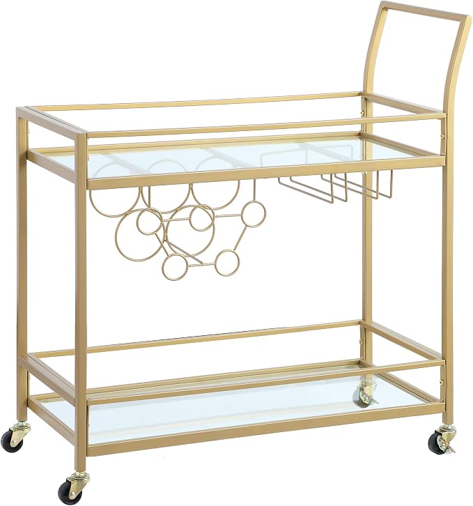 FirsTime & Co. Gold Francesca Bar Cart, 2 Tier Mobile Mini Bar, Kitchen Serving Cart and Coffee Station with Storage for Wine and Glasses, Metal and Glass, Modern