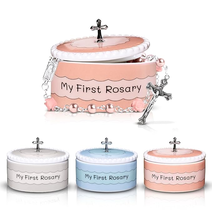 My First Rosary and Keepsake Box Set White and Pink – Catholic Baptism Gifts for Boys, Blessed First Communion Gifts for Boys or Girl, Christening from Godparents