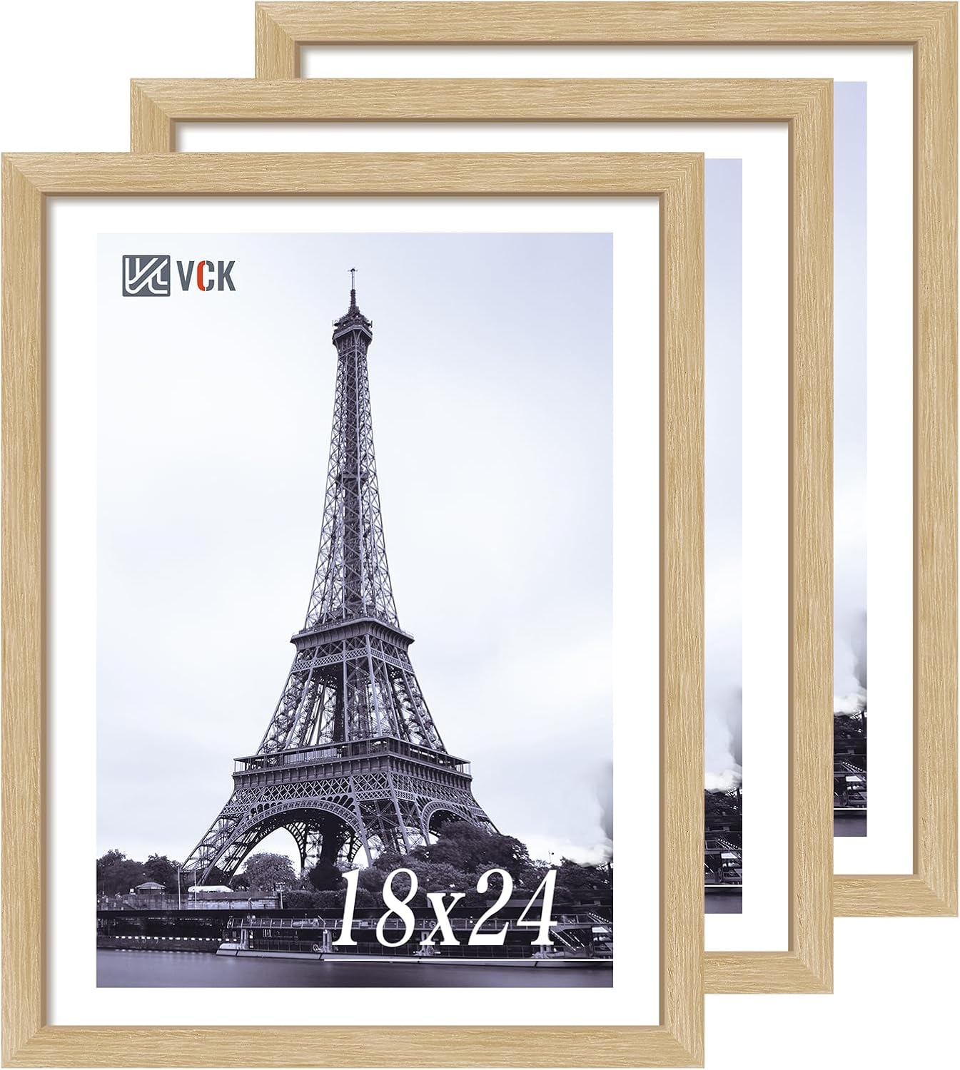 VCK 18x24 Oak Wood Frame for Poster & Picture, Natural Solid Wood Photo Frames 3 Pack, Wall Mounting Hanging