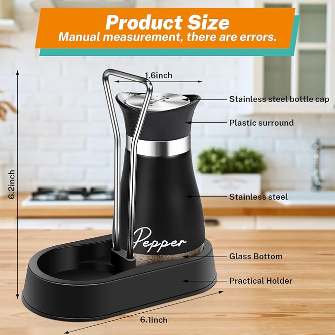 Salt and Pepper Shakers Set with Holder,4 oz Bottom Salt Shaker with Stainless Steel Lid for Kitchen Gadgets Cooking Table Housewarming Gift Christmas Decor Refillable Design (Black + White)