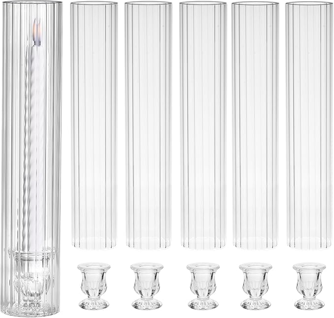 CHILL RECIPE Hurricane Glass Candle Holders-Set of 6 Tall Taper Candle Holder with 12” Tall Clear Cylinder Covers for Wedding Table Centerpiece Home Decor (Floral Base+Ribbed Chimney)